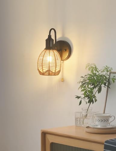 Image of Modern wall sconce,Pull Chain Wall Light,Hardwired wall Sconce with Switch,Pull Chain Sconce,Pull Chain Wall Light Fixture,Pll Chain Light Fixture,Wall Sconce with Switch (Black+Rattan shade)
