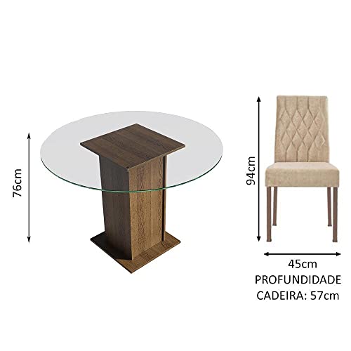 Conjunto Sala de Jantar Madesa Iris Mesa Tampo de Vidro Redondo com 4 Cadeiras - Rustic/imperial