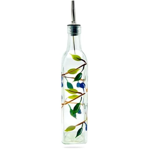 Containly Glass Olive Branch Oil/Vinegar Glass Cruet for Kitchen, 16 oz Olive Oil Dispenser With Stainless Steel Spout for Easy Pouring Cover