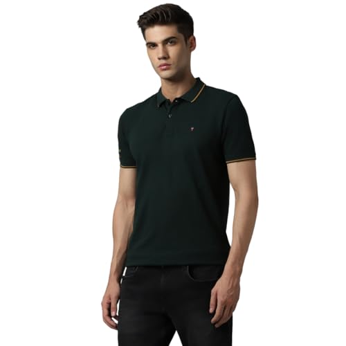Image of Louis Philippe Men's Slim Fit Single-Tuck Pique Stylized Sleeve Print and Contrast Tipping Half Sleeve Solid Polo Tshirt