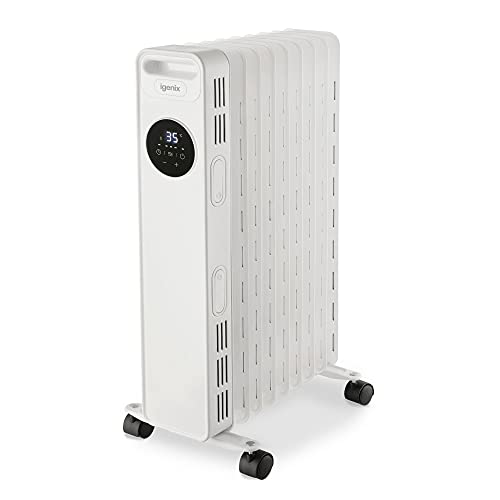 Image of Igenix IG2621 Digital Oil Filled Radiator, 2kW/2000W 9 Fin Electric Low Energy Heater with Remote Control, 3 Adjustable Heat Settings & Overheat Protection, 2000 W, White