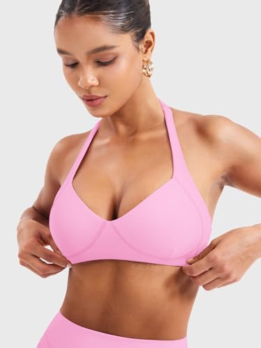 Image of YEOREO Women Halter Sports Bra Light Support V Neck Padded Strappy Open Back Workout Gym Tops