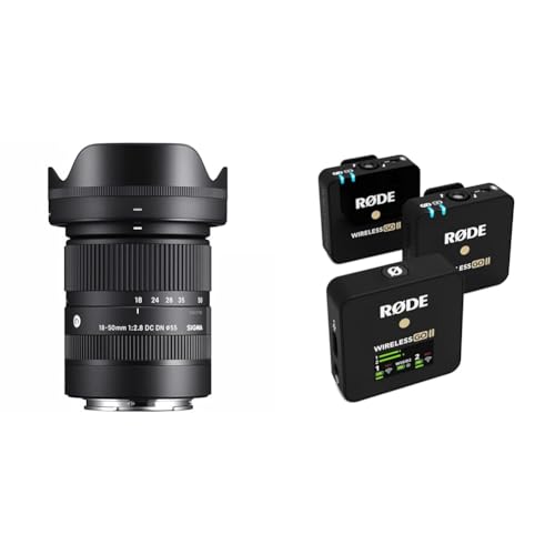 Sigma Objetivo 18-50mm F2.8 DC DN Contemporary Montura Sony E, Nergo & RØDE Wireless Go II Sistema inalámbrico de Doble Canal con micrófonos incorporados, transmisor Doble, Negro