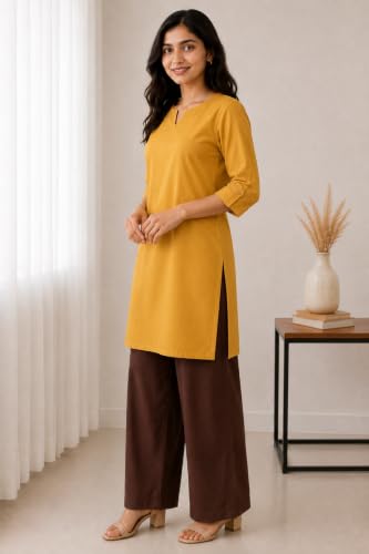 Image of Women's Rayon Solid Straight Kurti | 3 /4 Sleeve | Round Neck with V Cut | Regular Fit | Casual Office Wear Kurta for Women