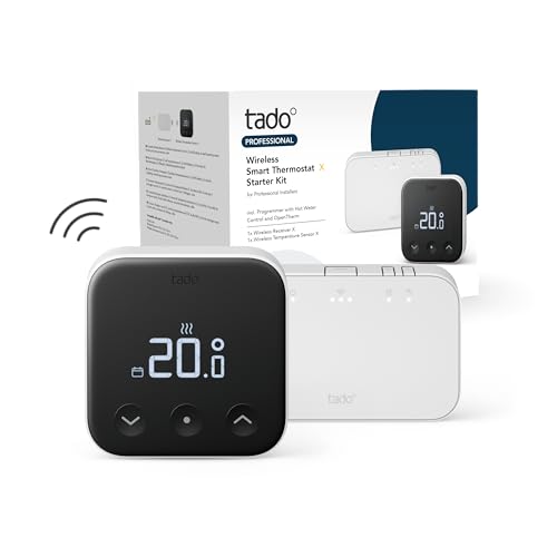 tado Termostato Inteligente Inalámbrico X Kit de Inicio para Profesionales, Bridge X y Soporte, Control Mediante aplicación y Altavoz Inteligente (Alexa, Siri, Google Assistant)