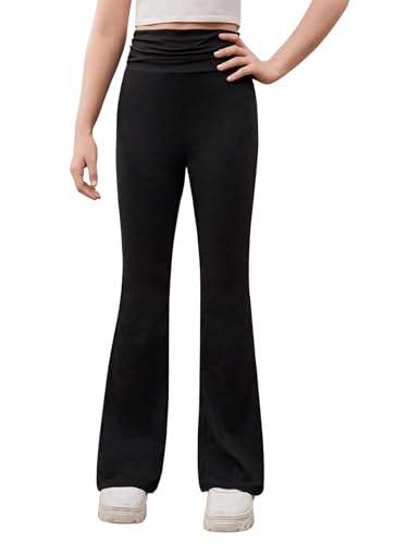 Image of Milumia Teen Girl's Basic Elastic High Waisted Flare Leg Solid Stretchy Pants Ruched Black 10-11Y