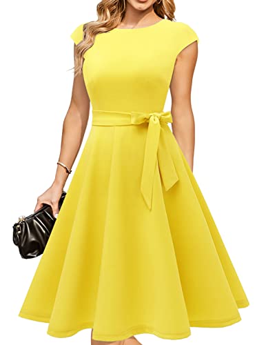 DRESSTELLS Women's Vintage 50s Round Neck Short-Sleeved Bridesmaid Dress, Cocktail Party, Wedding Dress, Yellow, 8