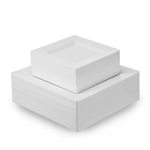 Munfix 60 Piece Plastic Party Plates White Square Disposable Plates, 30 Premium Heavy Duty 10.25 Inch Dinner Plates And 30 Plates 7.5 Inch Dessert Appetizer Wedding Plates #TOP6