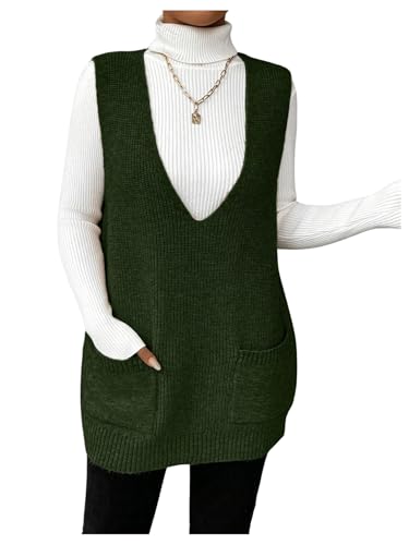 Image of SHENHE Women's Deep V Neck Long Sweater Vest Casual Loose Knit Tunic Pullover with Pockets
