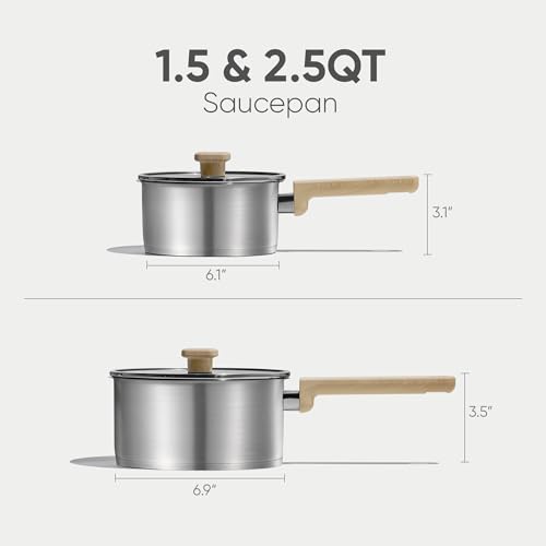 image for CAROTE 1.5Qt & 2.5Qt Stainless Steel Sauce Pan Set with Lid, 3-ply Bas