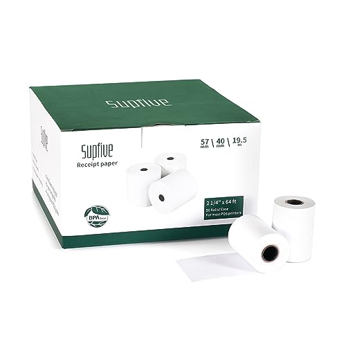Supfive Till Rolls 57x40mm Thermisch Papier 19,5 m, Card Machine Papierrollen, Kassa Ontvangst Rollen, PDQ Rollen, voor POS EPOS EFTPOS Systeem (50 rollen)