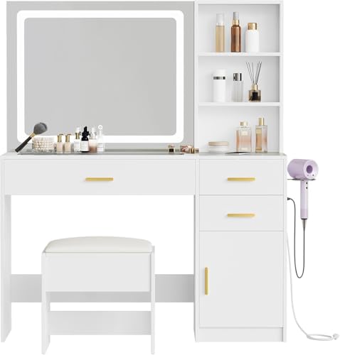 DWVO 45" W Vanity Desk w/Wireless Charging Station & Power Outlet, Vanity Mirror w/Lights Table Set with 4 Drawers, Vanity Set 3 Lighting Modes Brightness Adjustable for Bedroom Studio