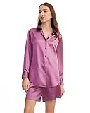 LilySilk Seide Pyjama Set für Frauen 22 Momme Seide Trendy Cropped Button-up Nachtwäsche Top Causal Kordelzug Kurze Hosen 2-teilige PJ Set(Violet,M)
