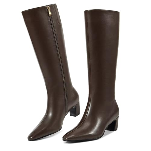 ISNOM Brown Boots for Women Knee High with Side Zipper Womens Tall Brown Chunky Boots Pointed Toe Knee High Low Heeled Boot for Fall Fashion Dress Party Wedding PU Leather Size 6.5