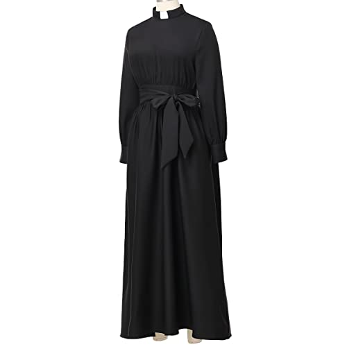 Image of CAMDOM Church Clergy Dress for Women Long Sleeve A Line Elegant Maxi Dress with Tab Insert Stand Collar and BeltA