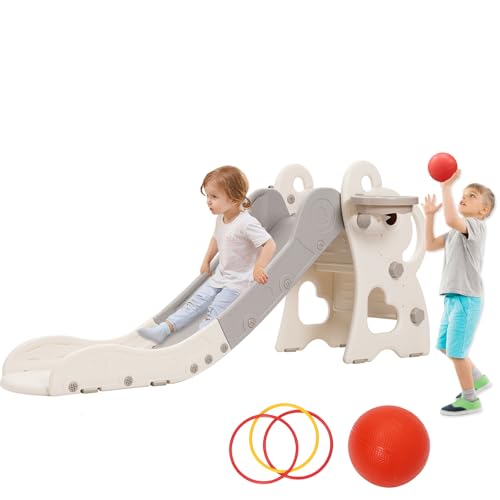 Escorrega infantil dobrável, escorrega infantil exterior e interior com cesta de basquetebol, escorrega de jardim para crianças de 1, 2 3 anos. (cinzento + elefante)