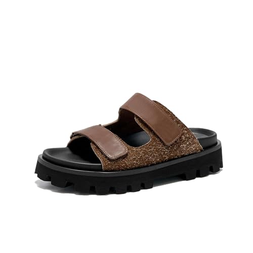 Women's Calfskin Leather Hook & Loop Slippers - Thick Sole Summer Beach Flats