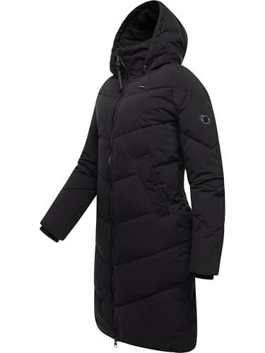 Ragwear Damen Wintermantel warmer wasserdichter Steppmantel lang mit abnehmbarer Kapuze Rebelka Black22 Gr. L