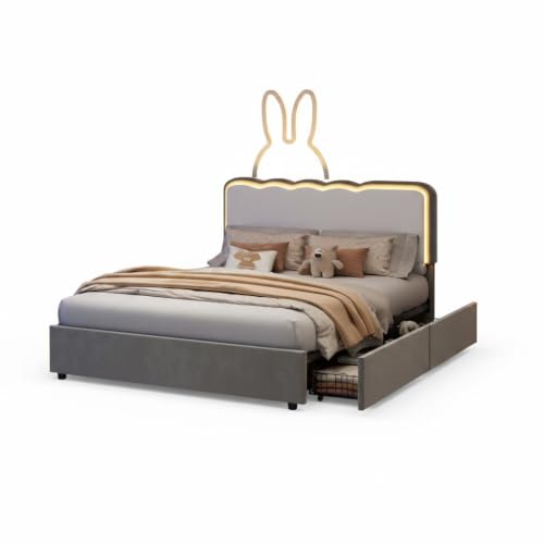 Image of Garvee Irregular Wave LED 2-Drawer Soft Upholstered Bed, Soft Padding