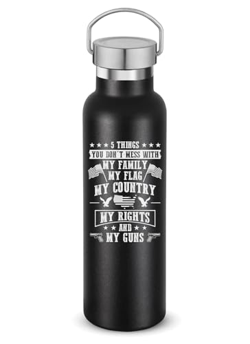 Botella de agua de acero inoxidable con aislamiento al vacío de doble pared con texto en inglés 'Don't Mess with My Family My Flag' My Country, color negro