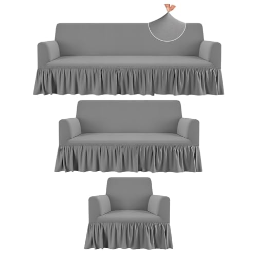 3 Pcs Sofa Slipcover Set for Couch Cushion Durable Washable High Elastic Stretchable Furniture Couch Covers with Skirt for Sofa Loveseat Arm Chair(Gray,Milk Silk)