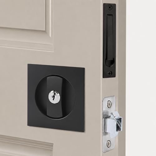 Cerradura de bolsillo con llave y manija para puerta corrediza, pomo empotrado, respaldo de 2-3/8 pulgadas, para puertas interiores de 1-3/8 a 2-3/16 pulgadas (Negro mate, 1 unidad) miniatura 1