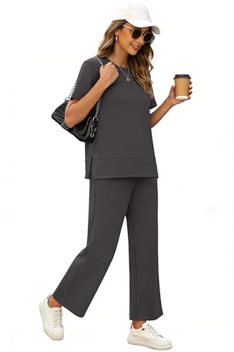 Image of XIEERDUO Women's Side Slit Lounge Sets 2026 Fashion 2 Piece Travel Outfits Cozy Loungewear Wide Leg Tracksuits S-3XL