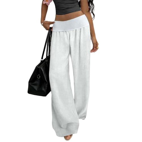 Linen Pants for Women Wide Leg Palazzo Slacks Flowy Summer Casual High Fold Over Waist Fit Bottoms Trousers White