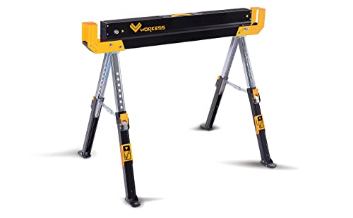 Image of WORKESS Saw Horses 2 Pack Folding, 2600 Lbs Load Capacity & 24-32 Inch Adjustable Height Heavy Duty Sawhorse Table with 2x4 Support Arms, Portable Folding Legs and Easy Grip Handle for Woodworking