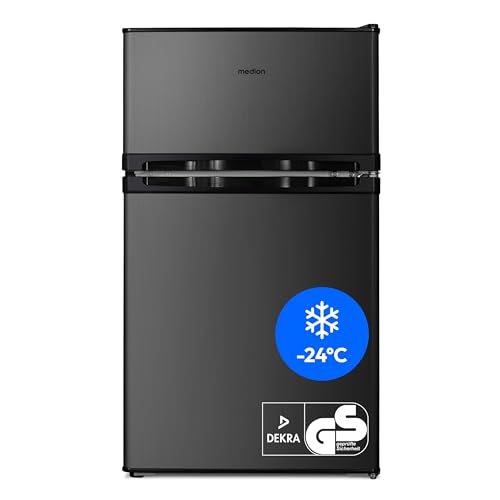 MEDION Mini Kühl-Gefrierkombination (85 Liter, 61L Kühlteil, 24L Gefrierteil, freistehend, 40 dB, transparente Gemüseschublade, Türanschlag wechselbar, MD 37689) grau