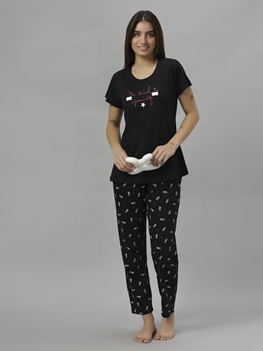Image of DZZO Women's Cotton Printed Night Suit Set of T-Shirt & Pyjama, Night wear Dress, Relaxed wear for Women /Girls