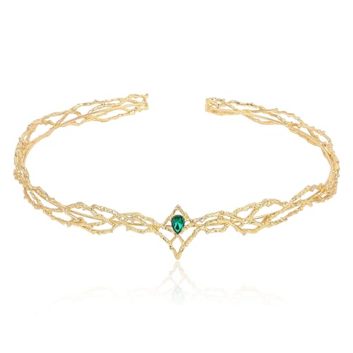 ANBALA Rhinestone Fairy Crown for Women Crystal Elf Crown Gold/Green Circlet Costume Headwear for Men Renaissance Headpiece for Birthday Party Cosplay Halloween