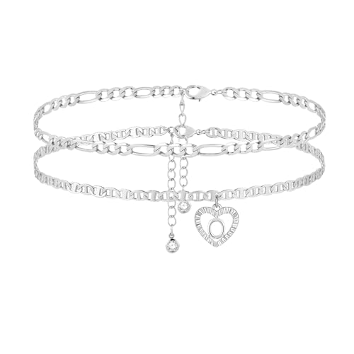 Image of Initial Ankle Bracelets for Women 2pcs 18K Gold Plated Handmade Layered Letter Heart Figaro Chain Flat Mariner Anklets for Women Cute Summer Beach Foot Jewelry