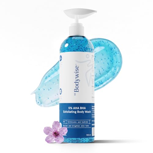 Image of Be Bodywise 5% AHA BHA Exfoliating Detan Body Wash (Flora Fragrance) 700ml | For Body Acne, Strawberry Skin, De-Tan | 3% Lactic Acid, 1% Salicylic Acid, 1% Glycolic Acid | Non-Drying, Paraben Free