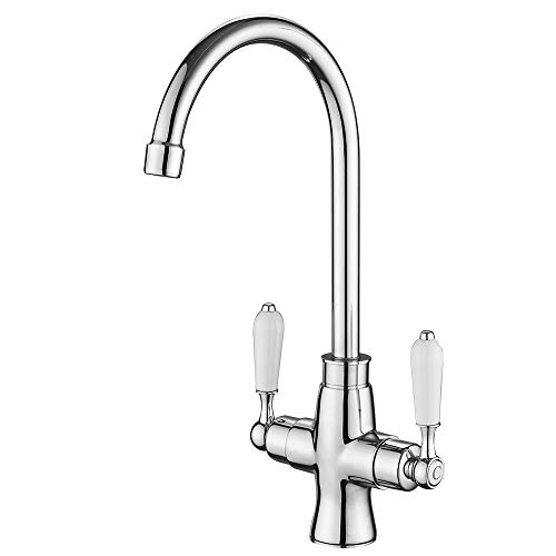Heable Miscelatore per lavello da cucina, elegante, in ceramica bianca, a doppia leva, monoblocco girevole, con rubinetteria standard UK