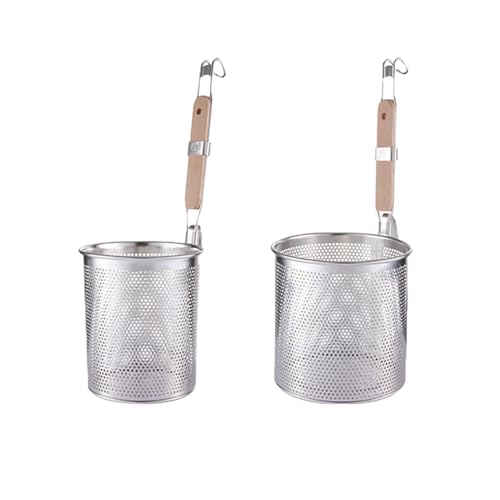 Gatoer 2つ 湯切り 業務用 ラーメンてぼ キッチン用品 うどん 丸 湯切り ざる ステンレス製 木柄 フック付き ラーメン専用 メッシュ てぼ こし器 飲食店家庭用 業務用 麺 ラーメン専用