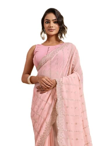 Sari de travail Ekasya E6429 en georgette de soie rose avec son chemisier assorti