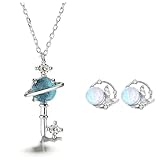 MALOYANVE Galaxy Planet Jewelry Set, Silver Chain Necklace and Drop Earrings with Blue Crystal Pendant, Space Theme Statement Jewelry (Key)