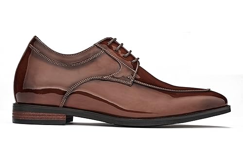 Image of CALTO Men's Invisible Height Increasing Elevator Shoes - Caramel Brown Patent Leather Lace-up Formal Dress Oxfords - 2.8 Inches Taller - K2711 - Size 6.5 D(M) US