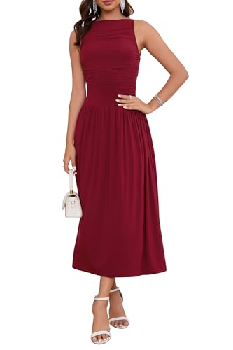 Image of Womens Summer Casual Midi Maxi Dress 2026 Sleeveless Ruched A Line Flowy Cocktail Wedding Guest Beach Long Sundress