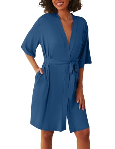 Image of Ekouaer Short Robes for Women Lightweight Kimono Robes Knit Bathrobe Soft Sleepwear with Pockets S-XXL