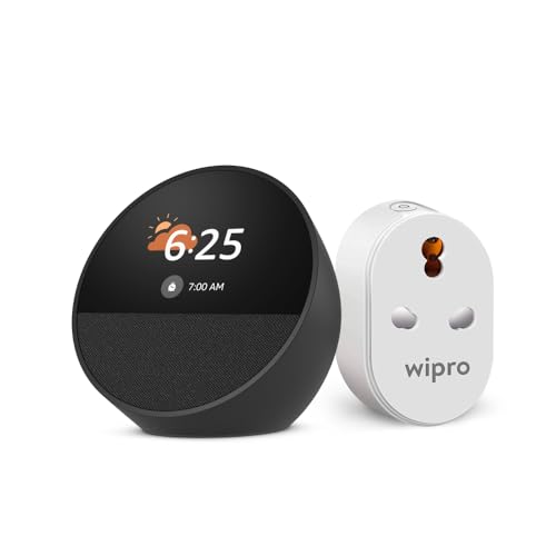 Image of All-new Echo Spot, Smart alarm clock with vibrant sound + Alexa, Black combo with Wipro 16A Smart Plug