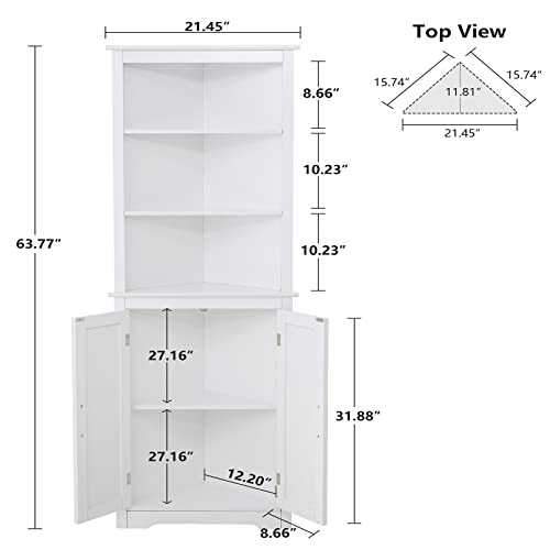 Usikey 63.7“H Tall Corner Cabinet, Corner Storage Cabinet With 2 Doors And 3 Shelves, Freestanding Corner Bathroom Cabinet For Bedroom, Living Room, Kitchen, White #TOP2