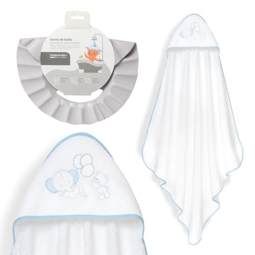 Interbaby - Capa de Baño Bebé + Gorro Ajustable | Toalla con Capucha 100% Algodón Unisex | Suave, Secado Rápido | Ideal para Recién Nacidos, Bebes y Niños Pequeños | Diseño Oso Elefante Globos