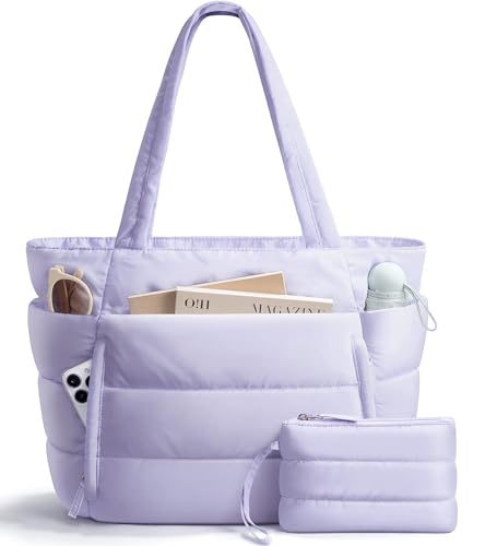 Image of Bagstellar Puffer Tote Bag for Women, Lightweight Puffy Work Handbag Teacher Nurse Quilted Shoulder Bag for School Travel Gym | Cloud Bag w / Zipper