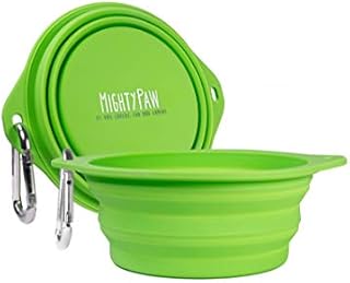 Mighty Paw Collapsible Travel Dog Bowl Set - 2 Pack (27 Oz) | Food Safe Silicone Food & Water Bowls for Pets. Bonus Carabiner Clip for Hiking, Camping or Walking. Lightweight & Leak-Proof (Green)