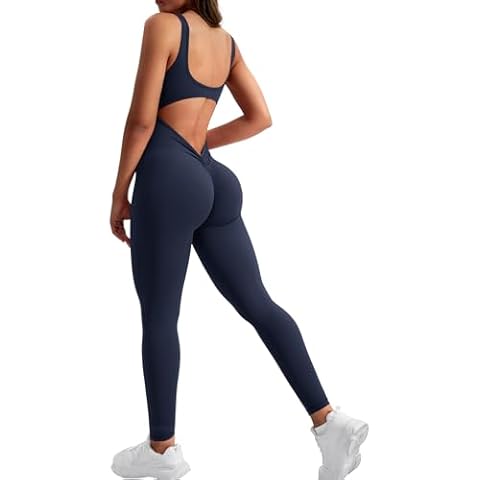 YEOREO Sleeveless Jumpsuits for Women Sexy Backless Gym Bodycon Lizvette V Back Scrunch Butt Rompers Navy Blue S Cover