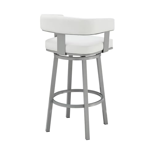 Armen Living Lorin Modern Butaco Blanco de Cuero Sintético y Estructura de Acero Inoxidable Plateado con Giro de 360° para Cocina Altura Asiento 30" miniatura 6