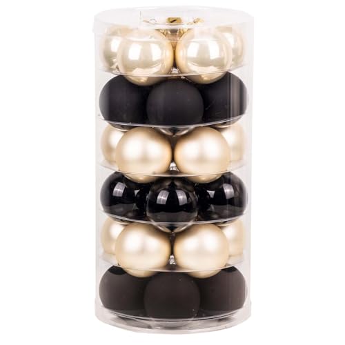 Inge Glas Weihnachtskugeln | Schöne Christbaumkugeln aus Glas | 30 Kugen in Dose | Christbaumschmuck Weihnachtsbaumschmuck Weihnachtsbaumkugeln (Moonlight Shadow | Schwarz Creme beige)