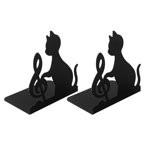 SUPVOX Sujetalibros para Libros de Hierro Diseño Gato Negro y Notas Musicales, Soporte Resistente para Estantes, Adecuado para Oficina y Hogar, Par Decorativo Creativo